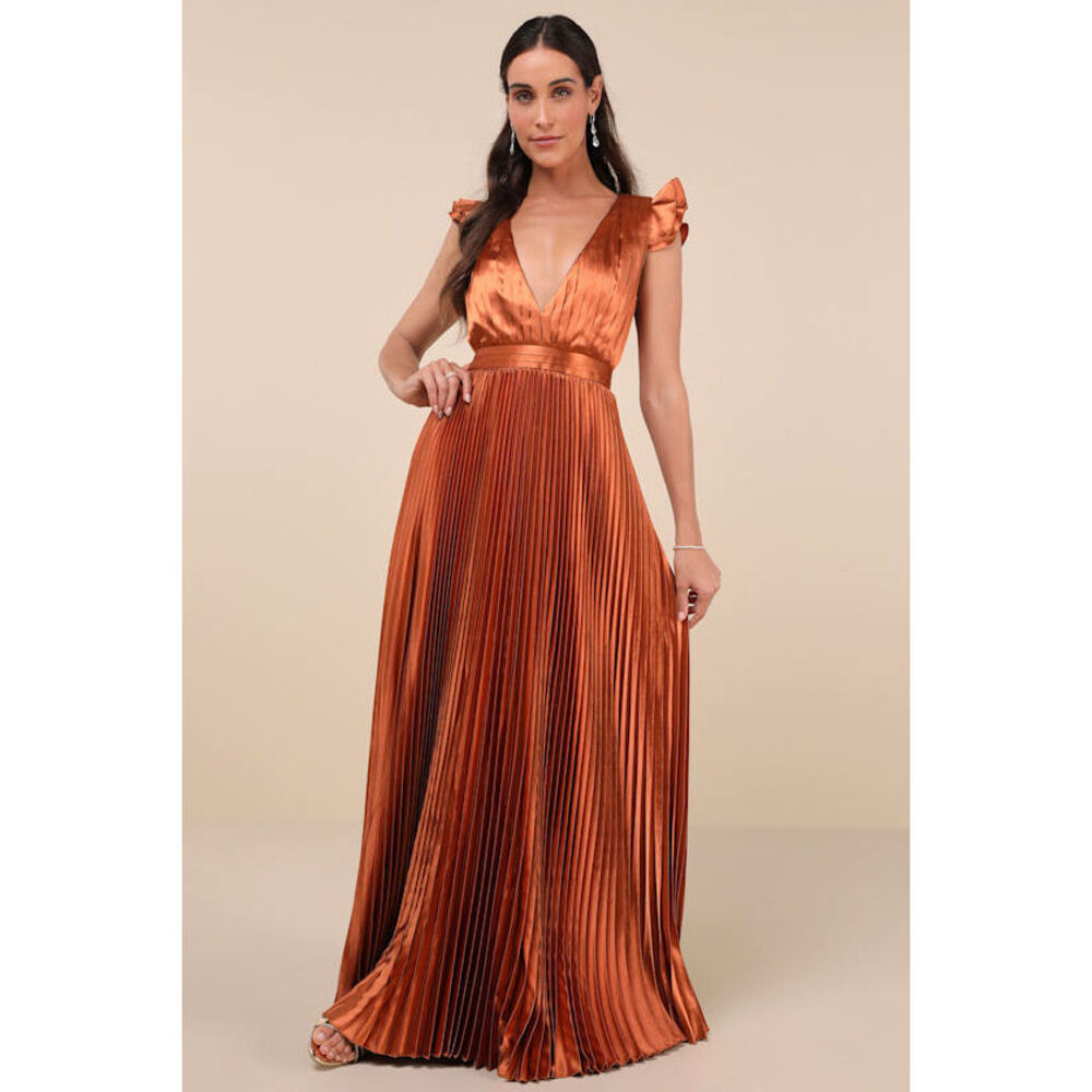 Lulus Rust Orange Satin Lace-up Pleated Maxi Dress - Size M